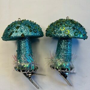 Vintage Style Christmas Mushroom Clip on Ornament, Teal Glitter Sequins, 4”